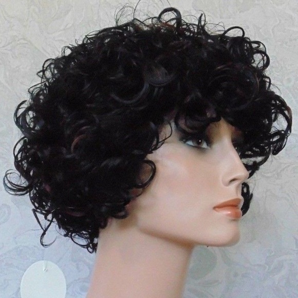 Short Curly Black Brown Highlighted Heat OK Wig main image 6